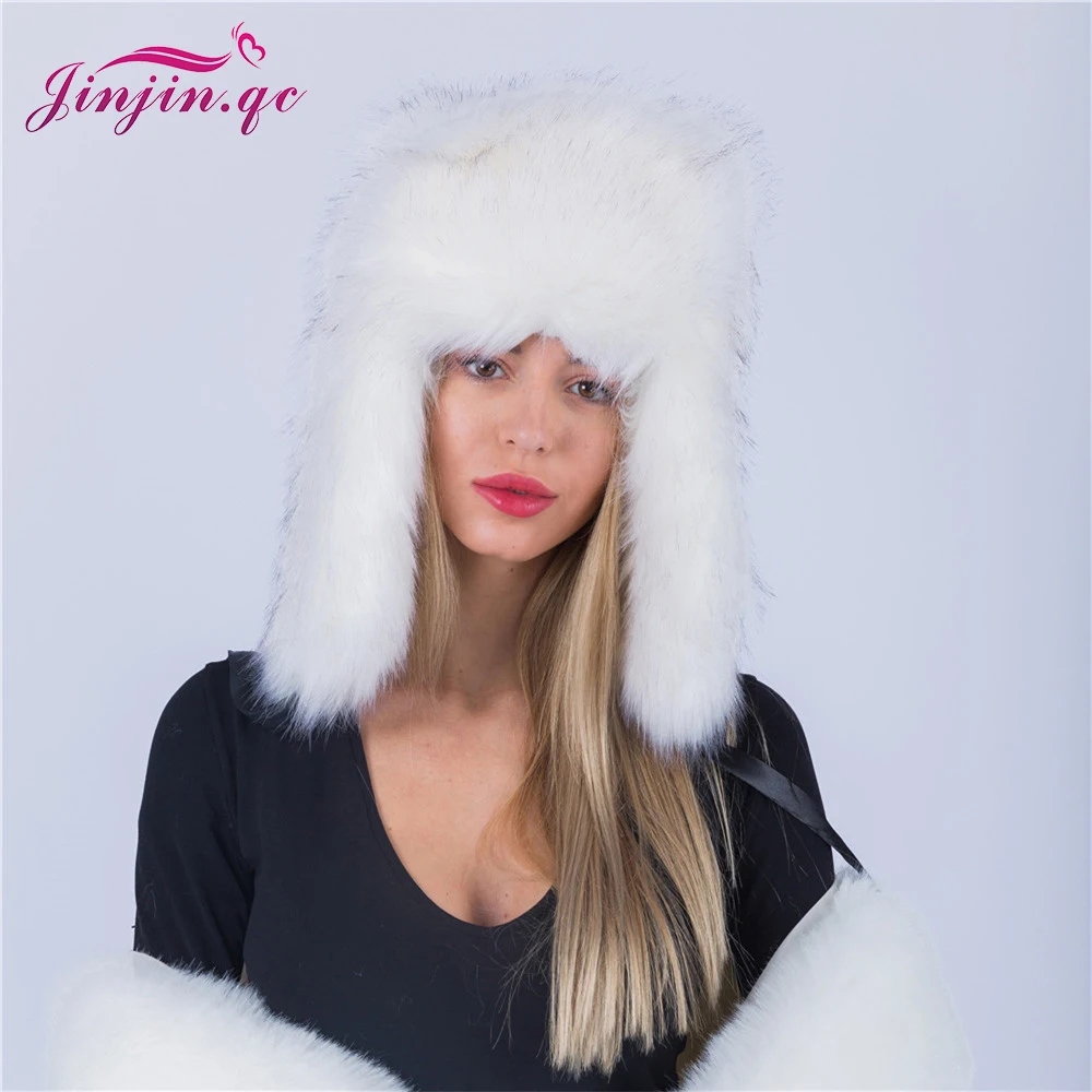 

Jinjin.QC Winter Hat Female Faux Fur Hat Russian Furry Warm Women Mongolian Cap with Faux Fur ear protecter Skullies & Beanies