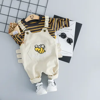 

Spring Baby Girls Striped Long Sleeve T-shirt Tops + Cartoon Bee Overalls Trousers Kids 2Pcs Suits Infant Boys Clothing Sets