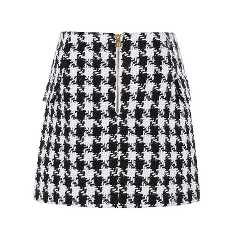 Elegante Nuevo Weave Primavera 2018 Mini Botones Bodycon Señoras Plaid Blanco Tweed Falda Slim C067 Clásico Negro Mujeres Otoño Faldas vHHInWxqf