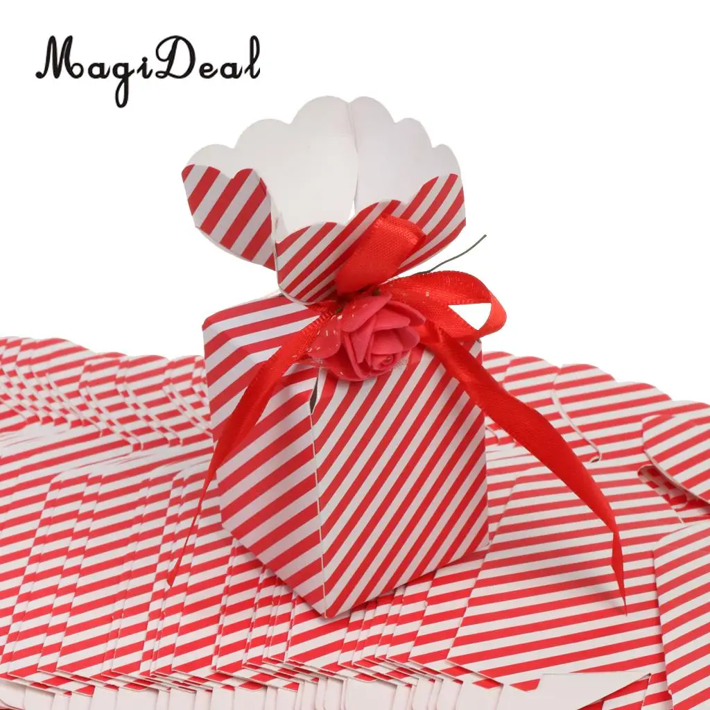 MagiDeal 50pcs Rose Flowers Ribbon Candy Gift Boxes Wedding Party Favor Decor Red