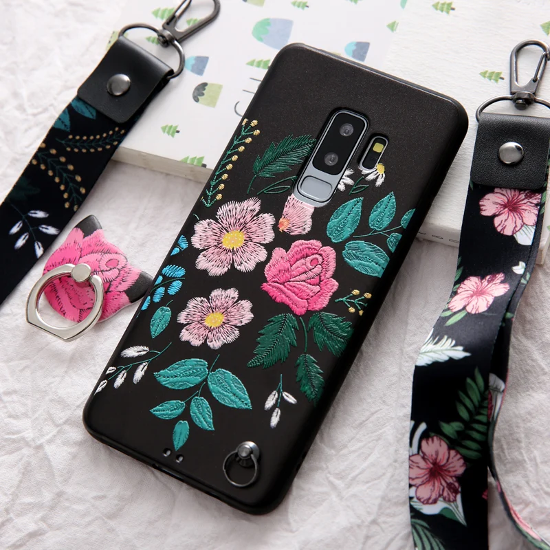 

3D Relief Flower Phone Case For samsung galaxy s8 s9 plus note 8 fashion Floral with ring and two strap soft silicon Back Cover