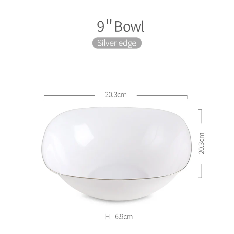 Golden Edge Square White Opal Glass Porcelain Deep Plates Dishes Tableware Steak Salad Bowl Breakfast Dish Plate - Color: S. 9 Bowl