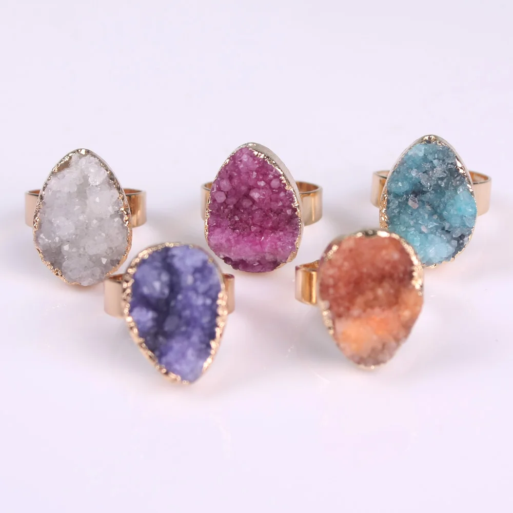 

Natural Stone Druzy Quartz Crystal Women Rings Drusy Green Rose Raw Stone Wedding Vintage Rings Female