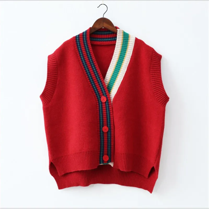 Женский модный Свободный жилет с v-образным вырезом на пуговицах свитер с открытой строчкой Повседневный полосатый кардиган - Цвет: Красный