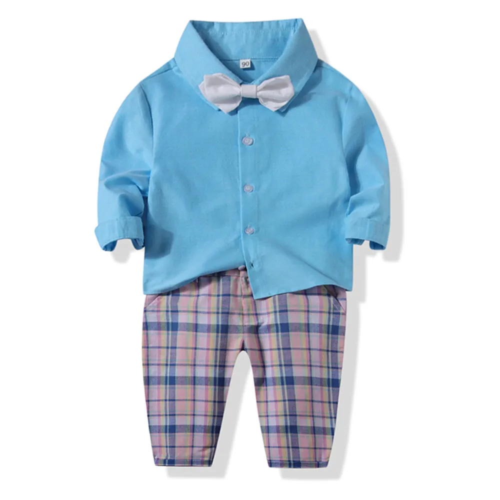 PureMilk Plaid Clothing Set For Baby Boys Pink Shirt With Bow Casual Pants 3PCS/Set Boys Clothes