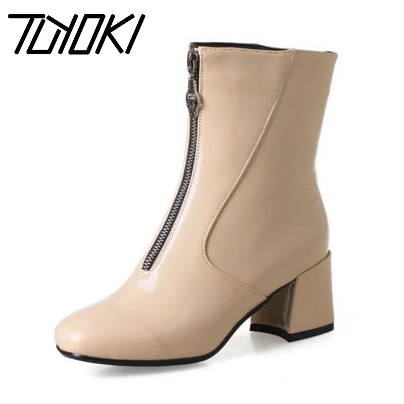 

Tuyoki Ankle Boots Women Plus Size 32-46 Brand Quality Patent Leather High Heels Winter Shoes Women Warm Fur Zipper Boots
