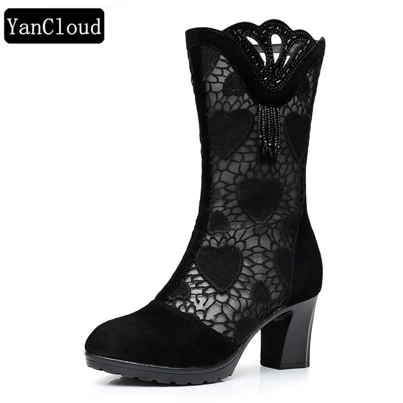 

Fashion Women' Genuine Leather Boots Summer New 2018 Hollow Lace Black Mid Calf Boots Breathable Sqare Heel Shoes Ladies