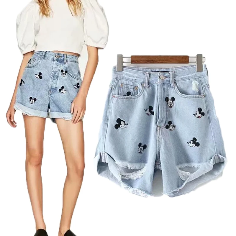 2019 Summer Women Shorts High Waist Ripped Hole Mickey Mouse Embroidery Short Mini Jeans-in 