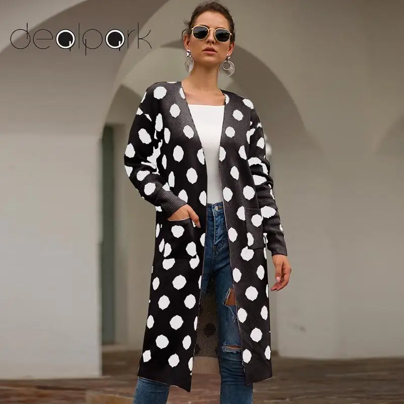 Women Knitted Long Cardigan Polka Dot 