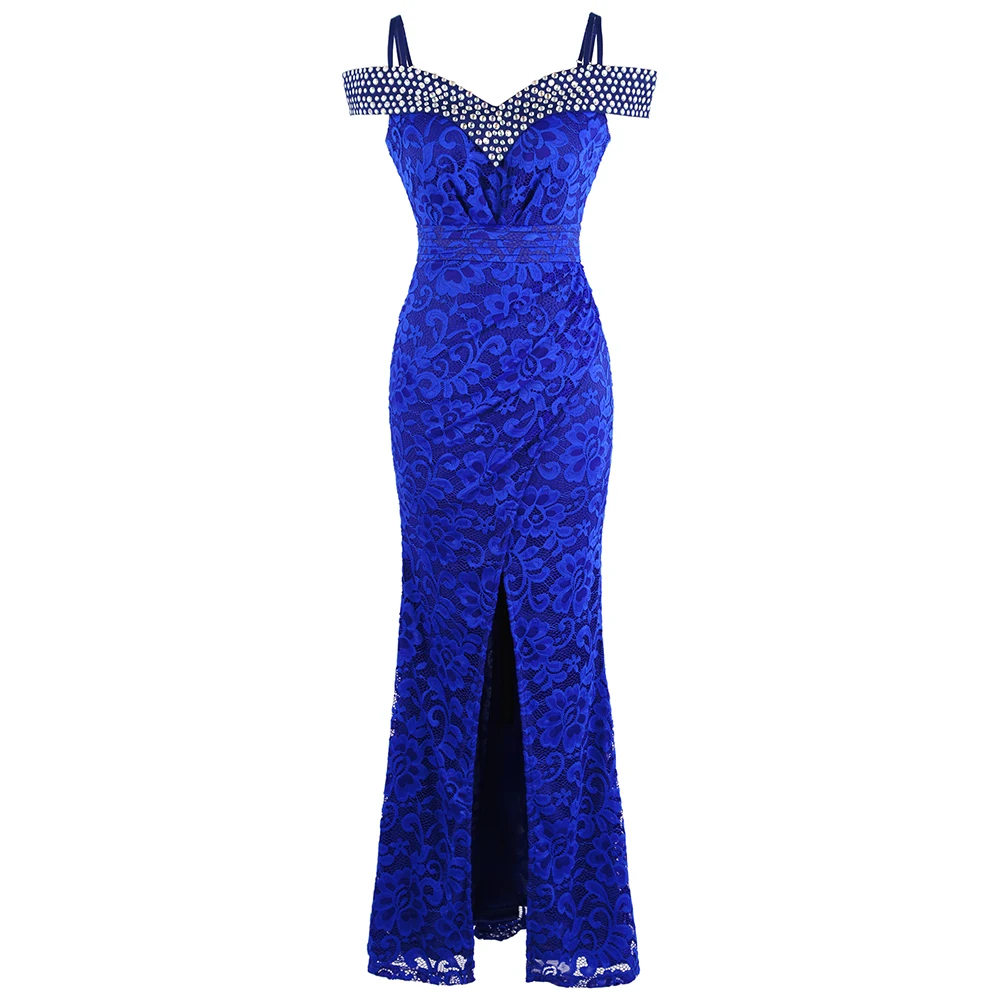 

Angel-fashions Women's Beading Boat Neck Lace Pleated Party Gown Slit Long Formal Mermaid Evening Dresses 439
