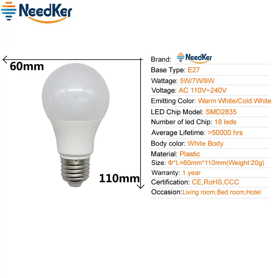 Needker A60 светодиодный лампы E27 SMD2835 5 W 7 W 9 W Светодиодная лампа AC 110 V 220 V 240 V светодиодный свет Теплый Холодный белый Освещение в помещении