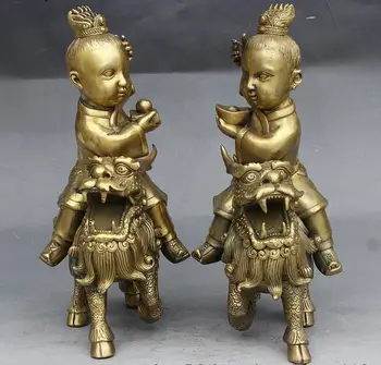 

China Brass Yuanbao Boy Ride Pixiu Kylin Qilin Chi-lin Unicorn Beast Statue Pair fast