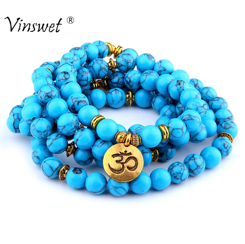 Модный мужской браслет из натурального камня с Ом Буддой 108 Mala Beads ожерелье для