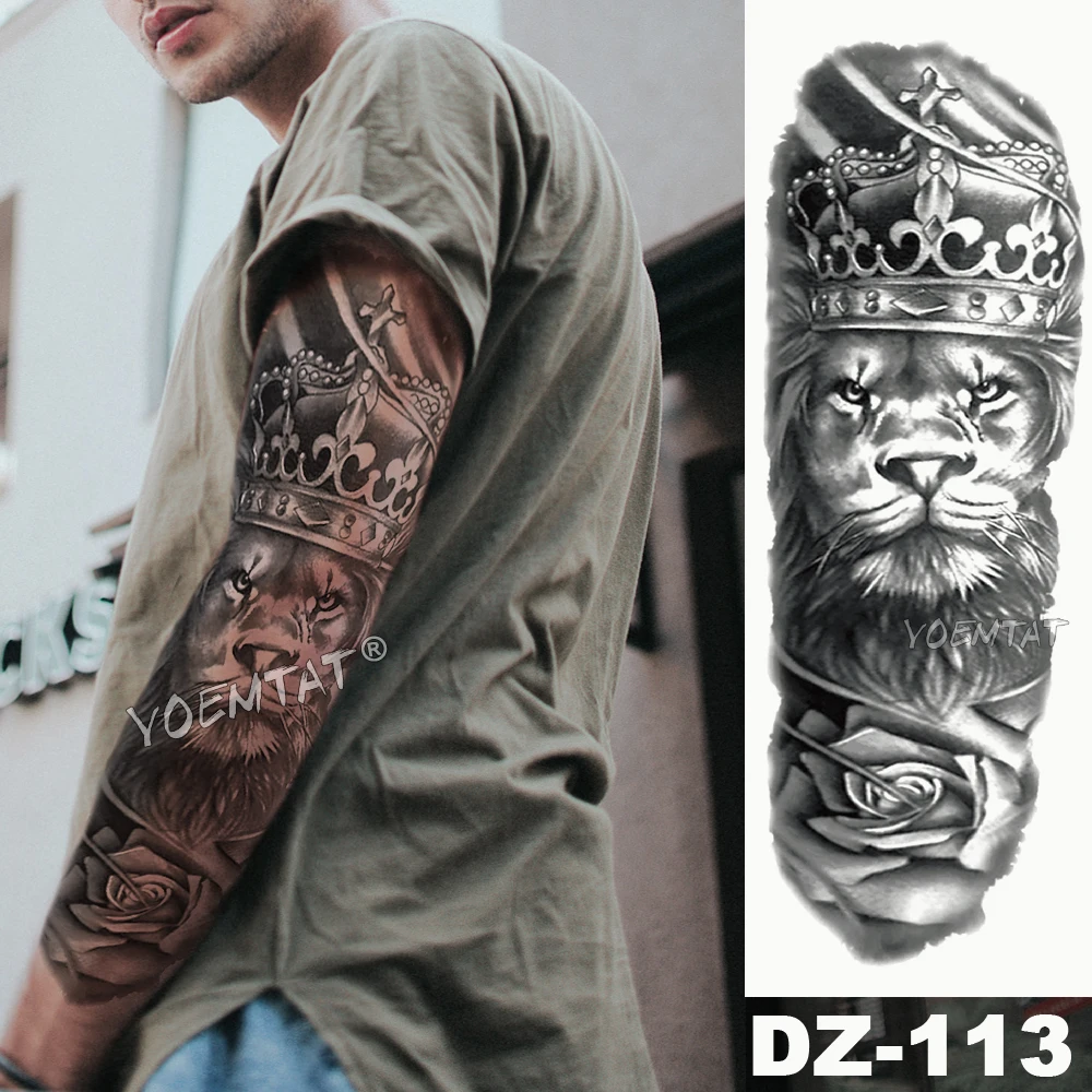 Большая рука рукава татуировки Эскиз лев тигр Водонепроницаемый Временные татуировки стикер Ворон воин солдат мужчины полный череп-тотем татуировки