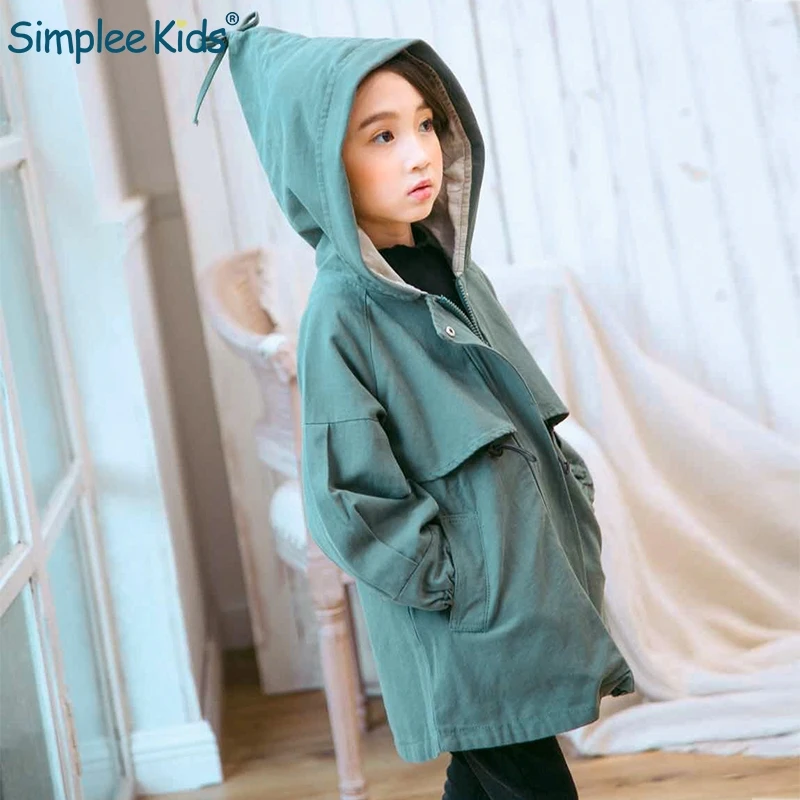 

Simplee Kids 2018 Autumn girls hooded trench coat bowknot Fashion children windbreaker long coat Thick girl clothes with packet