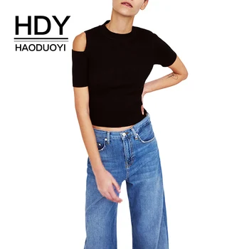 

HDY Haoduoyi Women Solid Asymmetric Cut Out Single Cold Shoulder Crop Tops Basic Short Sleeve Knitted Sweater