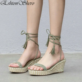 

EshtonShero Women Sandals Wedges Shoes For Women High Heels Platform Sandalias Mujer Green Lace Up 2019 Ladies Shoe Size 3-8
