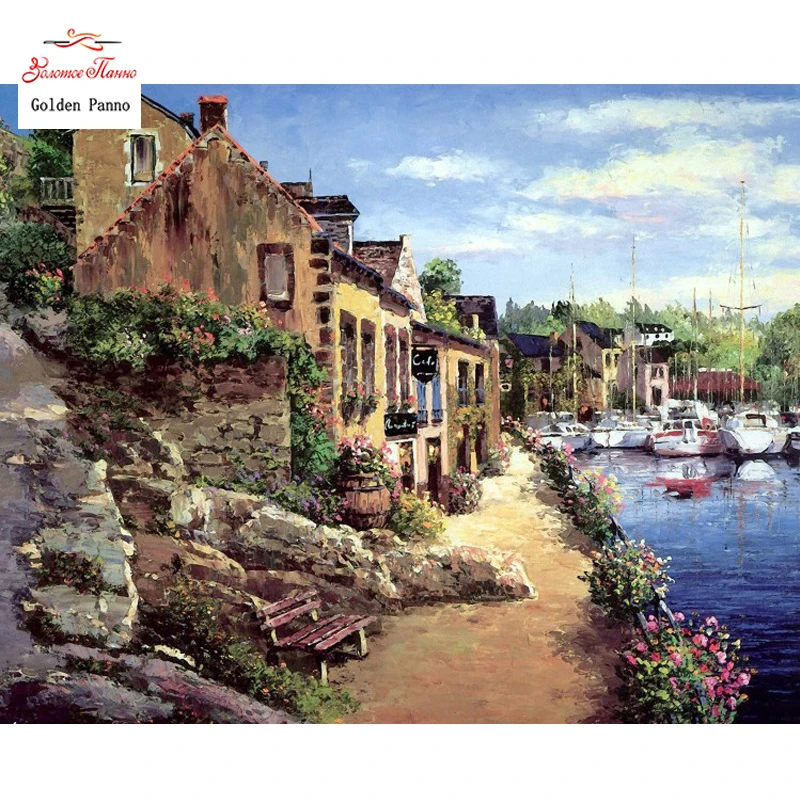 

Golden Panno Needlework DIY DMC 14CT 11CT printed Cross stitch Embroidery kits City and ocean white canvas Counted 25