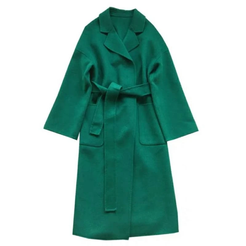 Длинное женское пальто с лацканами и 2 карманами, куртки с поясом, одноцветные пальто, двухстороннее кашемировое пальто ручной работы, шерстяная женская верхняя одежда