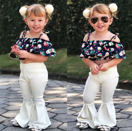 

2018 New Summer 2Pcs Kids Girls Off Shoulder Strap Floral Tops White Flares Long Pants Children Casual Outfits Set