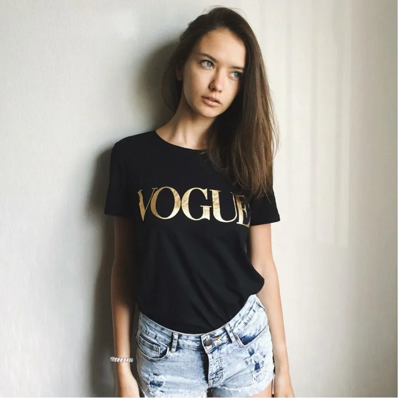 

Europe Fashion Brand Glod Shining VOGUE Letter T-shirt Women Simple O-Neck Short Sleeve Femme Tops 5 Colors Hot Sale Print