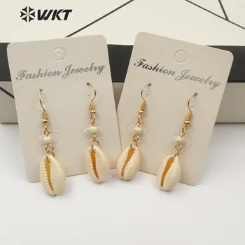 

WT-E503 WKT Classic bohemian Natural White Cowrie Shell Earrings with Gem-stone Beads Embellishment Connect Simple Gold earrings