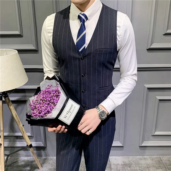 Fashion Suit Vest Men Striped Formal Dress Slim Fit Vest Sleeveless Jacket Male Business Wedding Waistcoat Plus Size 5XL - Цвет: navy blue