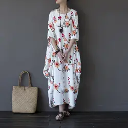 Женское платье 2019 летняя Цветочная вышивка макси длинные платья плюс размеры повседневное свободные O средства ухода за кожей Шеи