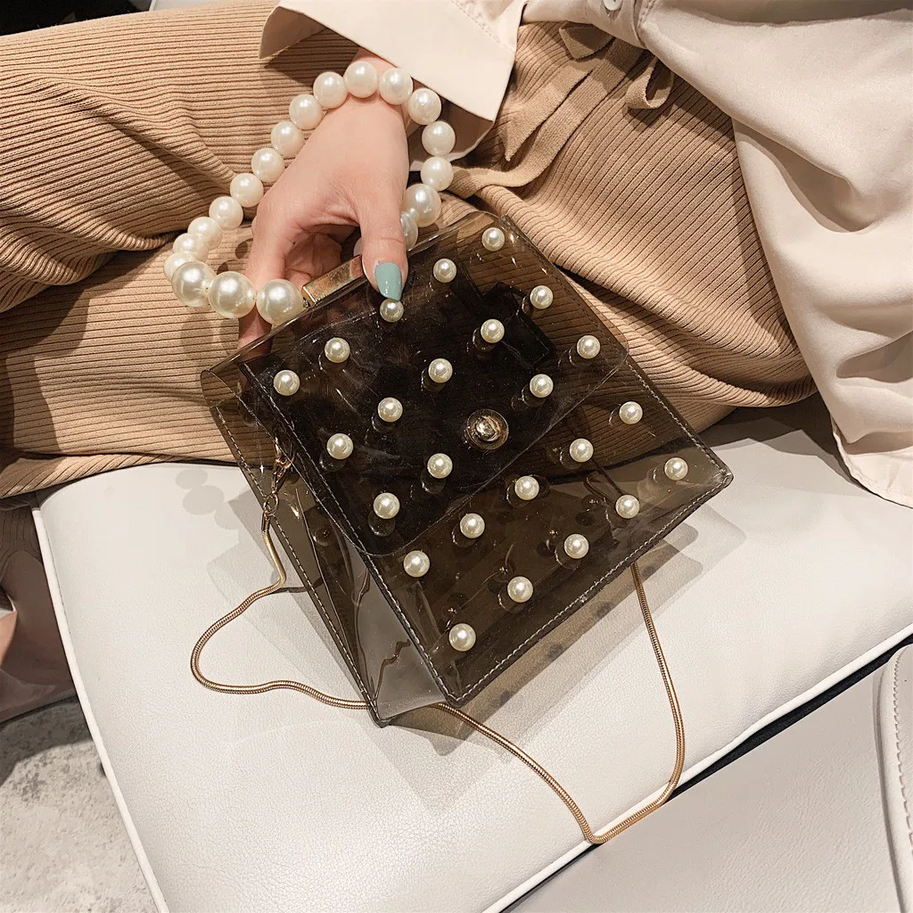 

Women Fashion Transparent pearl chain jelly Handbags Girl Pearl Crossbody Bags Women Cute Waterproof Messenger Crossbody Bag #50