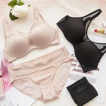 

Roseheart Women Fashion Black Purple Sexy Lingerie Wireless Lace Mesh One-Piece Bras Cotton Panties Backless Padded Bra Sets A B