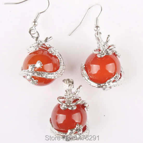 

16MM Carnelian Round Bead Inlaid Dragon Pendant & Earrings 1 Set