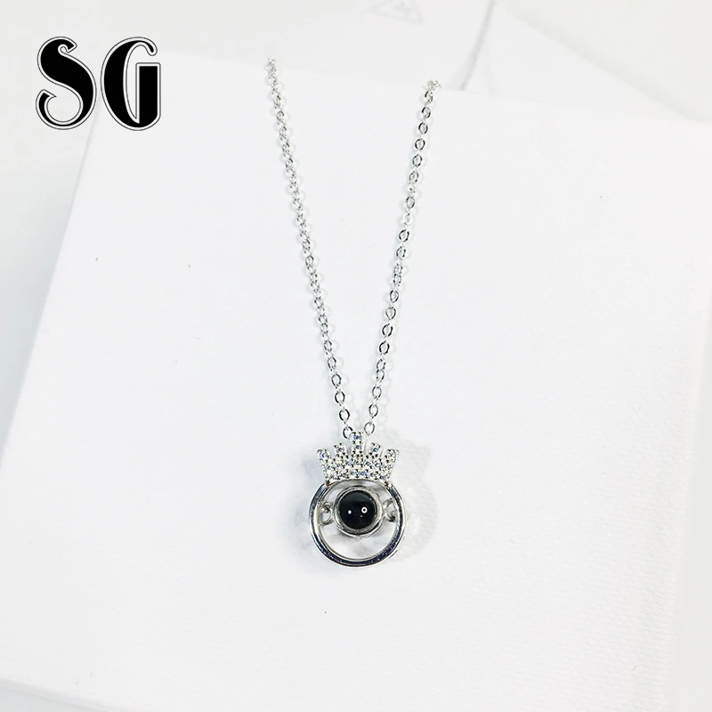 

SG Hot sale 925 Sterling Silver Crown Necklace Luxury 100 languages Memory of love projection necklaces Valentine's Day Gift