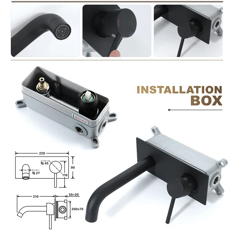 Настенный кран Ванная комната черные краны Ванная комната раковина смеситель Горячая и холодная вода кран с встраиваемая коробка