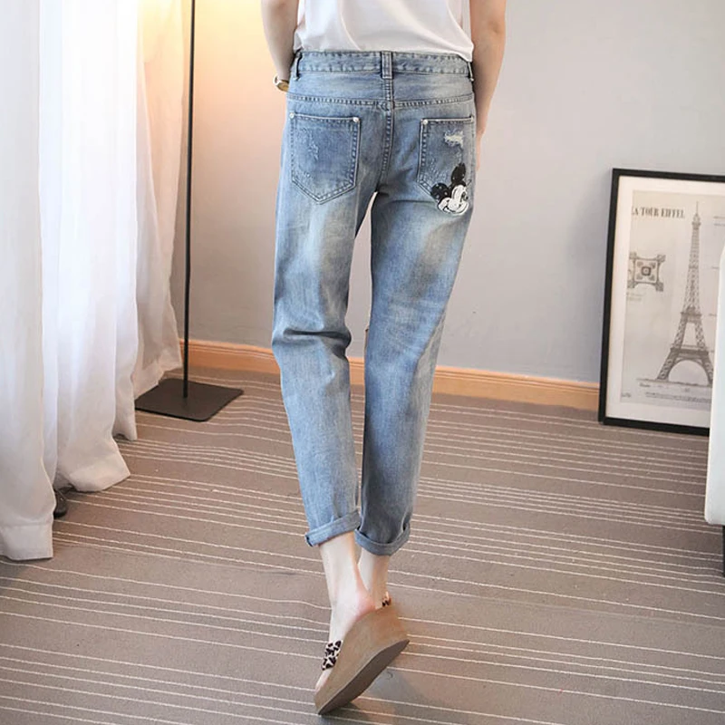 Mickey Mouse Jeans Women Distressed Ripped Boyfriend Jeans woman Cartoon Mickey Jeans Destroyed Casual Harem Denim Pants New