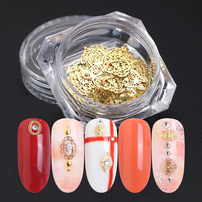 

Metal Nail Studs Rivets Gold Hollow Flower Tree Butterfly Mixed Shape Ultra Thin Glitter 3D Pattern Nail Art Decorations