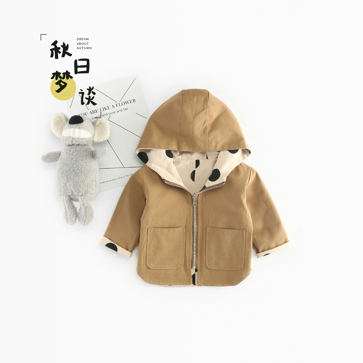 Пальто для девочек осенний Корейский детский топ с капюшоном, Двусторонняя одежда в горошек для малышей ветровка, одежда для маленьких мальчиков и девочек