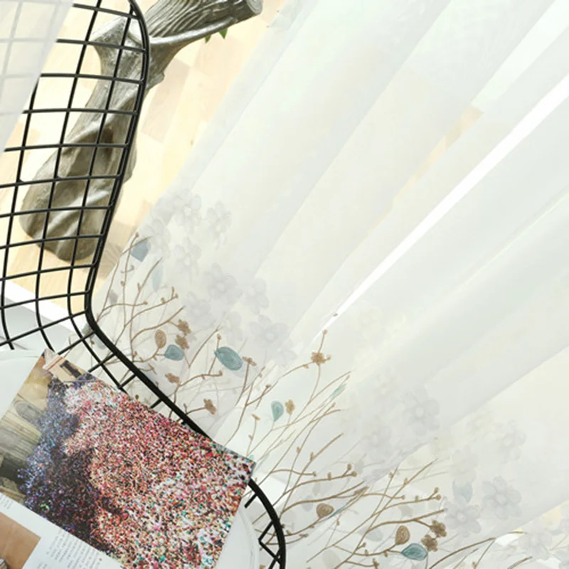 Прозрачные Занавески с вышитыми цветами и синими листьями для гостиной, занавески для спальни, кухни, оконные занавески из вуали M044& 30