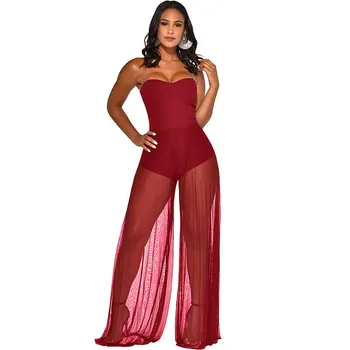

Sexy Mesh Patchwork Elegant Formal Jumpsuit Women Off Shoulder Strapless Sheer Loose Wide Leg Pants Romper Night Club Overalls