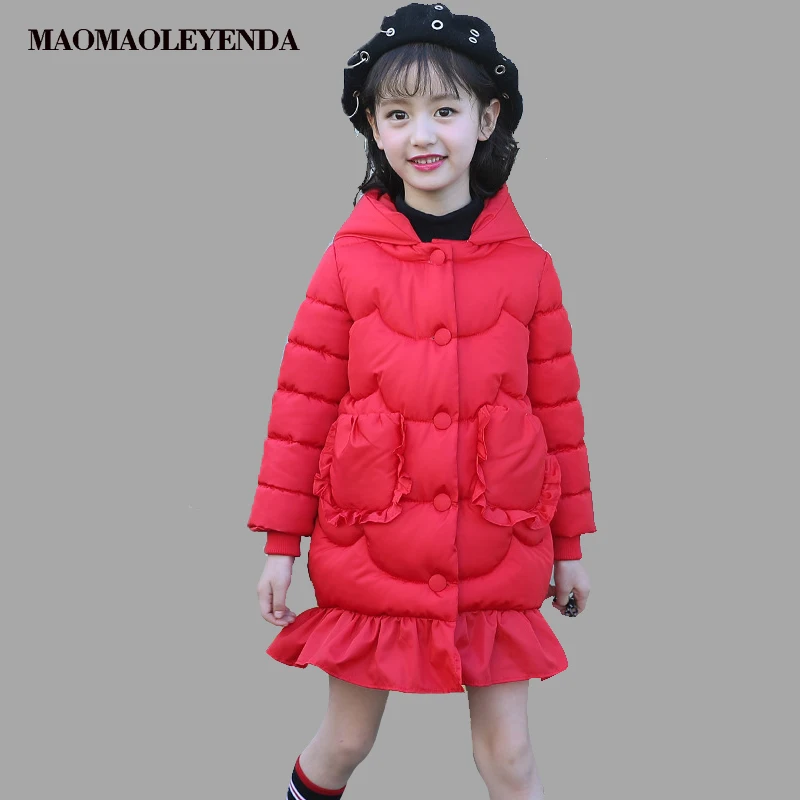 

2018 new winter fashion cute cotton coat girl fish tail hooded print long coat girl autumn girl costume 4 6 8 10 12 years