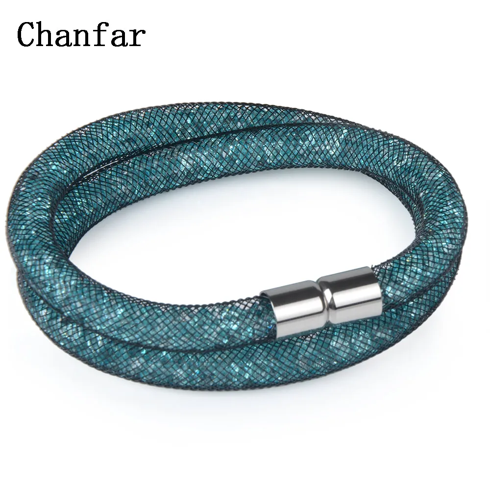 Black and light blue Chanfar 16 цветов прекрасный Кристальный сетчатый Браслет из кристаллов Ювелирные изделия трубки Магнитная застежка двойной браслет ювелирные изделия для женщин мужчин девушек - Окраска металла: Black and light blue
