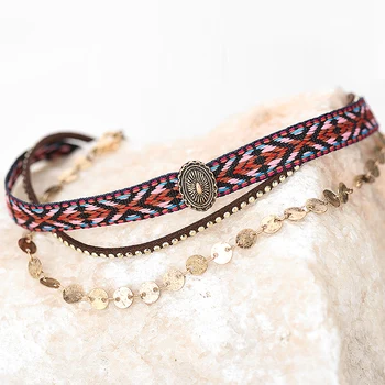 

2017 Ethnic Fabric Suede Choker Necklace Vintage Zinc Alloy Antique Gold Boho Fashion Style Round Link Chain Choker MYC15006