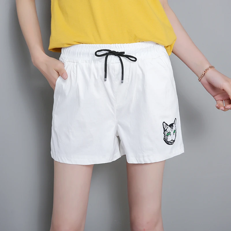 Pantalones cortos de verano para las mujeres alta cintura elástica gato impreso flojo de los cortocircuitos de las blanco negro Vintage Lino corto femenino|Pantalones cortos| - AliExpress