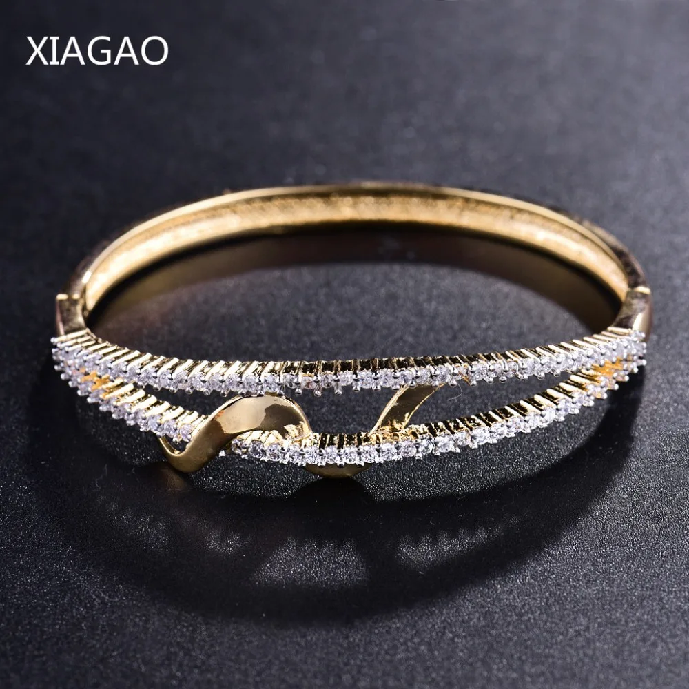 

XIAGAO Famous Brand Jewelry Bracelets & Bangles for Women Gold Color Pave White Cubic Zirconia Copper Bangle Indian Jewelry