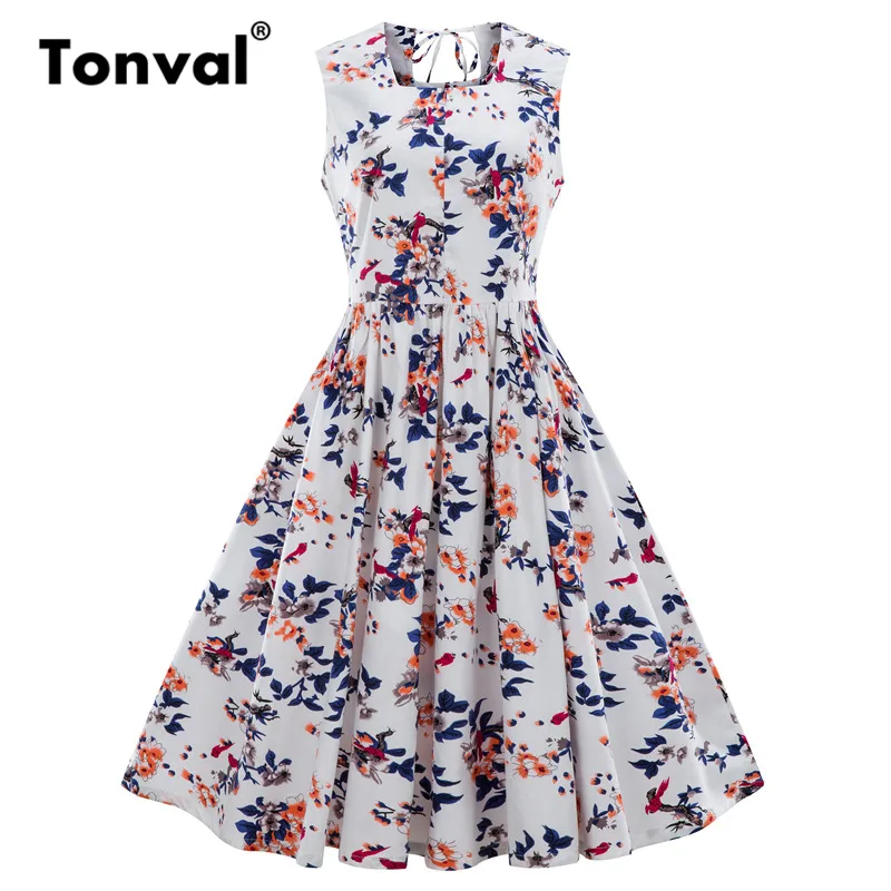 

Tonval Little Flowers Vintage White Dress 2018 Women Summer Plus Size Floral Dress Square Collar 4XL Pleated Dress