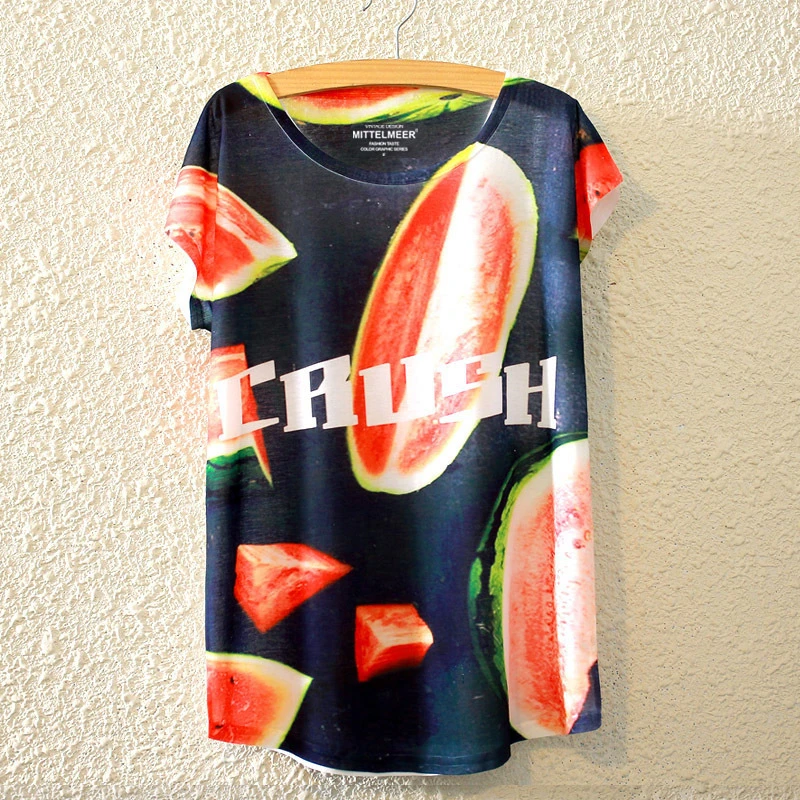 

Watermelon letter printing women's 2019 summer temperament simple short-sleeved T-shirt loose women's fashion tops tees