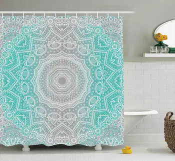 

Grey and Turquoise Shower Curtain Primitive Spiritual Essence and Universe Harmony Mandala Ombre Art Decor Set