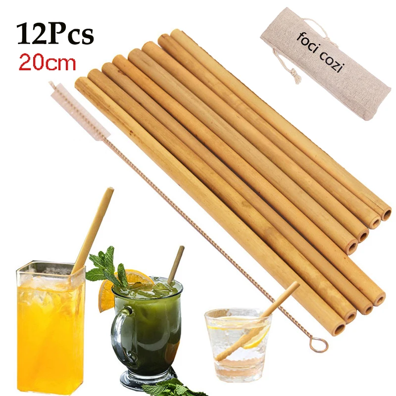 

12PCS Eco Friendly Bamboo Straw Bag Bar Reusable Drinking Straws Cocktail Wedding Decoration + Accessories Reusable Brush