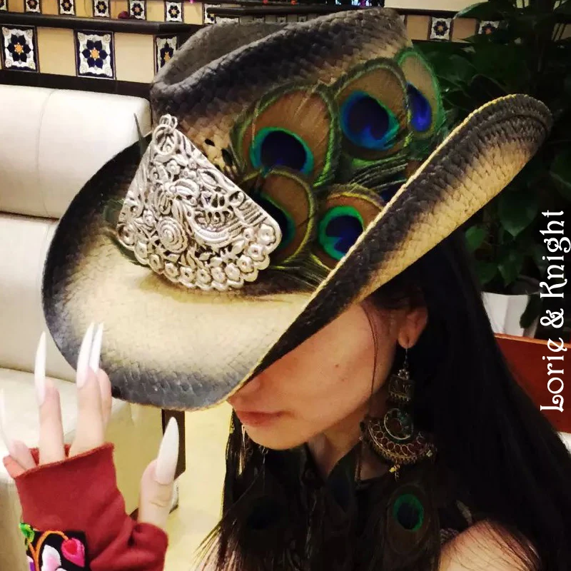 Peacock feather cowboy hat Clearance