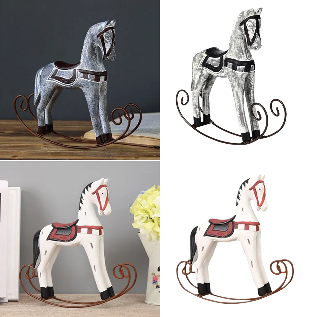 Nordic Wooden Rocking Horse Statue Wedding Decor Wood Horse Crafts DIY Bar Living Room Ornament Kids Toys