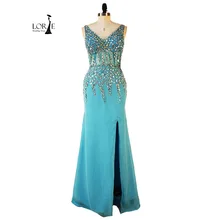 Frau abendkleid Lange Elegante vestido longo festa vermelho V-ausschnitt Perlen mit Kristallen Chiffon Blau Abendkleid Echt Bild
